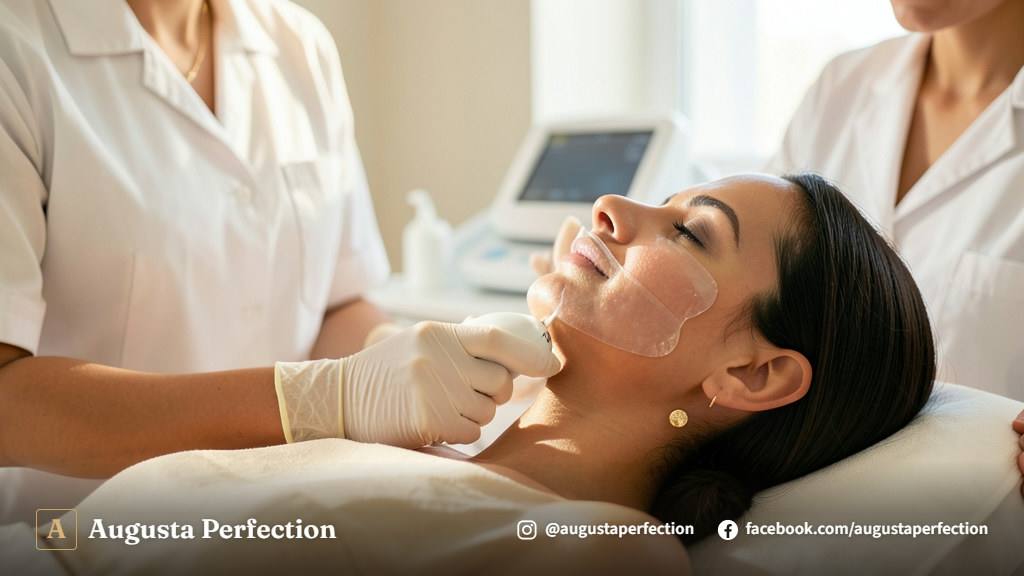 Profissional de estética segurando a ponteira do aparelho de ultrassom microfocado em consultório sofisticado e acolhedor.