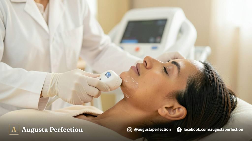 Equipamento de ultrassom microfocado mantido por especialista em ambiente de estética avançada.
