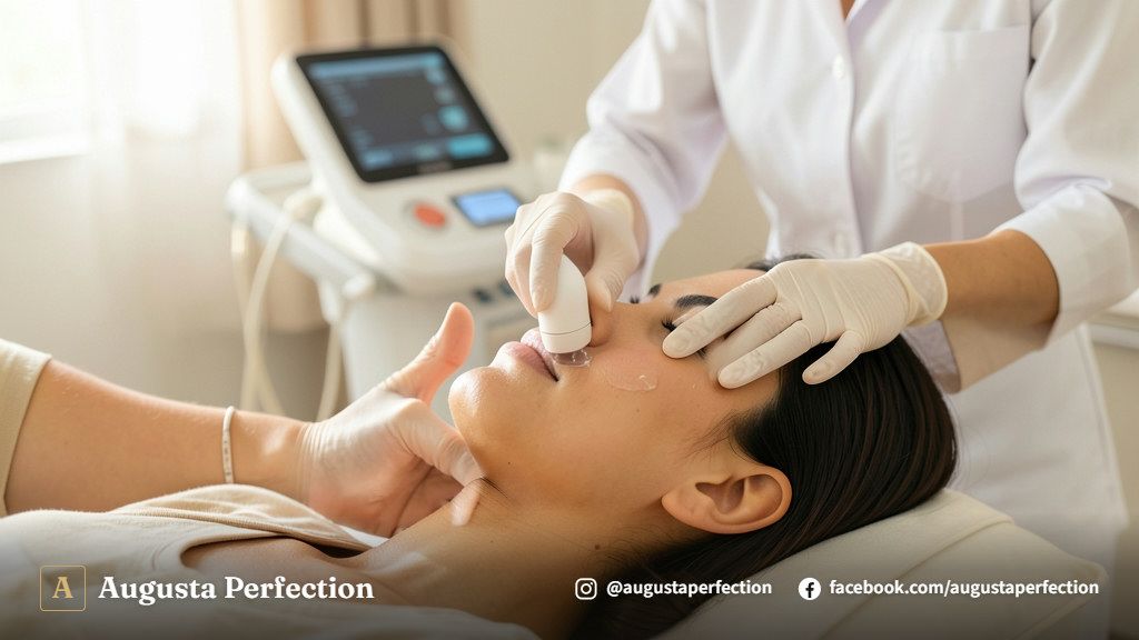 Equipamento de ultrassom microfocado em bandeja higienizada dentro de sala de atendimento estética premium.