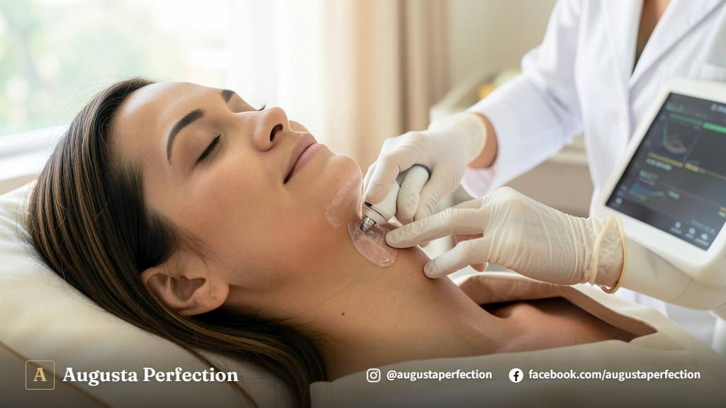Aplicação de ultrassom microfocado no rosto em ambiente clínico especializado e acolhedor.