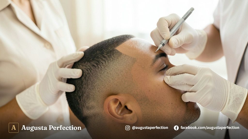 Especialista em estética com luvas segurando dermógrafo e produtos certificados em ambiente de clínica sofisticado.